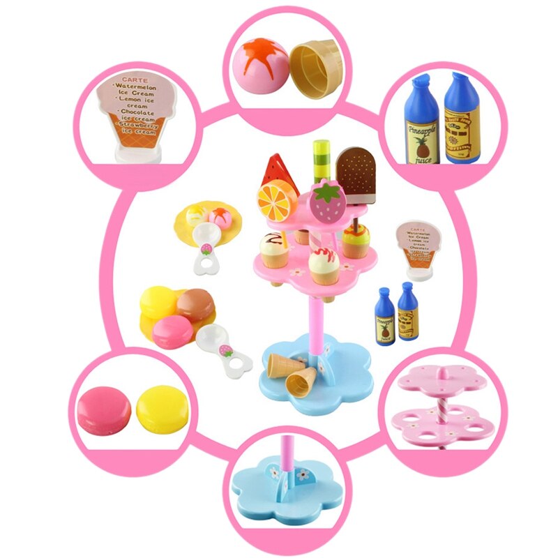 Sweet Treats Ice Cream and Desserts Tower Stand - Simulation Food Cake Ice Cream Kitchen Play Food Toy Set for Kids (22 Pcs)