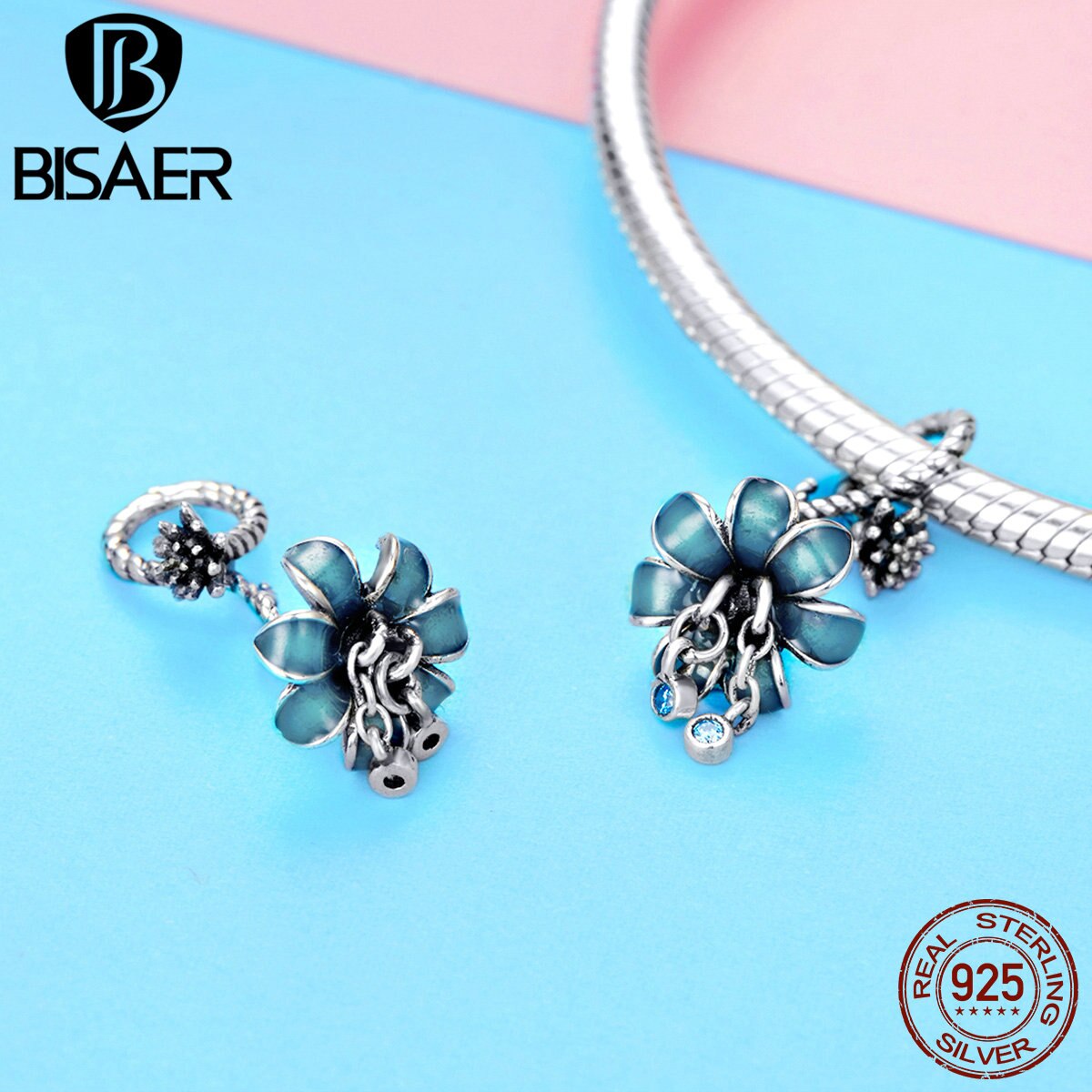 BISAER Real 925 Sterling Silver Dream Flower Enamel Charms Beads fit Women Bracelets Silver 925 Jewelry EFC034