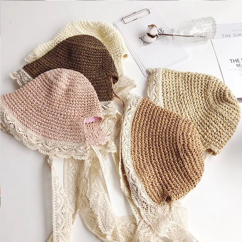 Barnhatt till stranden bebis flicka spetsrem solhatt handgjord hatt barn sommarresehatt loli flicka vikbar strandhatt med bandage