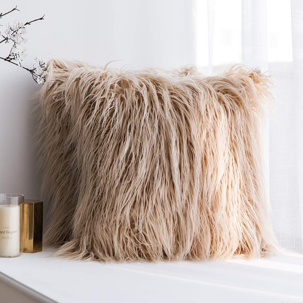 Artificial Wool Fur Sheepskin Cushion Cover Hairy Faux Plain Fluffy Soft Throw Pillowcase Washable Square Solid Pillow Case 45cm: dark brown