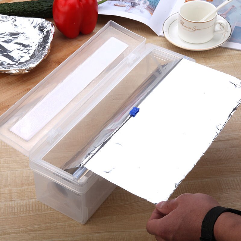 Cling Film Plastic Cutter Adjustable Preservation Foil Storage Box with Suction Bottom Home Food Wrap Dispenser