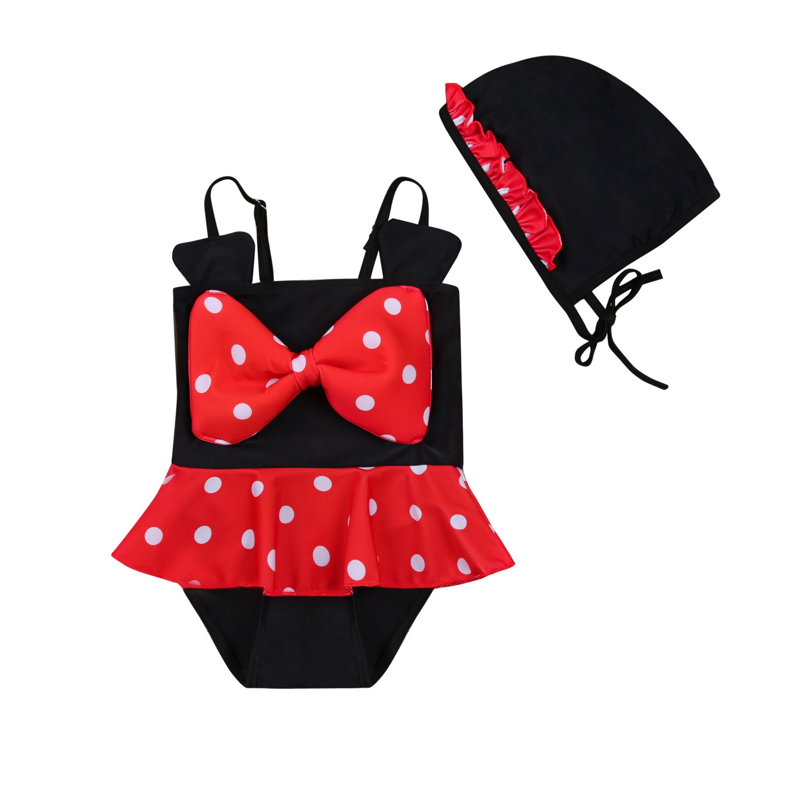 Baby Girls Cap Red Polka Cute Dot Rash Guard Swimwear Suit One-Piece Bowknot Swimsuit Swimming