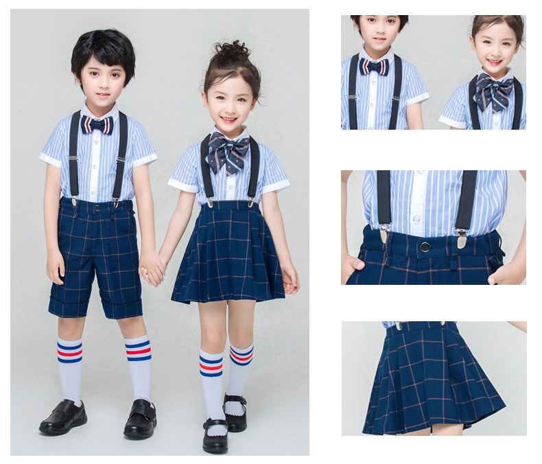 Kids British style School Uniform for Girls Boys Blue Shirts Top Navy Pleated Skirts Pants Clothes Tie Set Students Outfits Suit