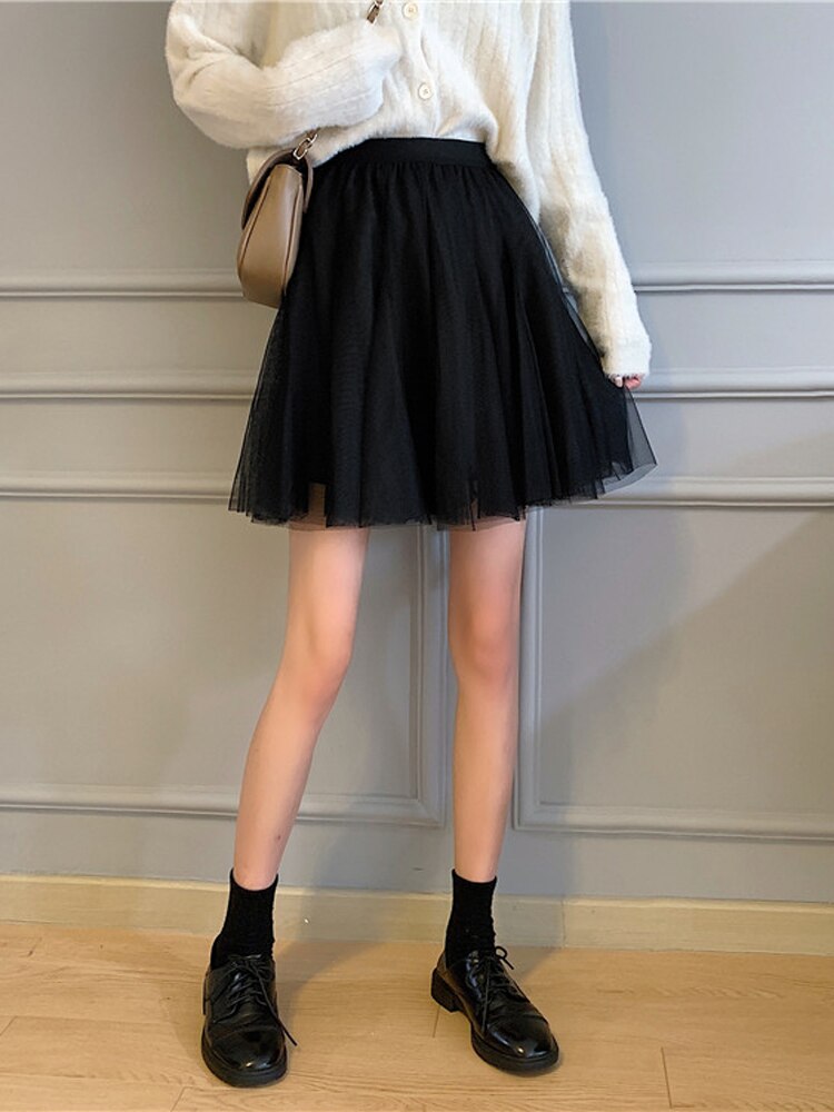 Minifalda de tul para mujer, Falda corta de malla coreana, cintura alta elástica, color negro liso, ropa de mujer,