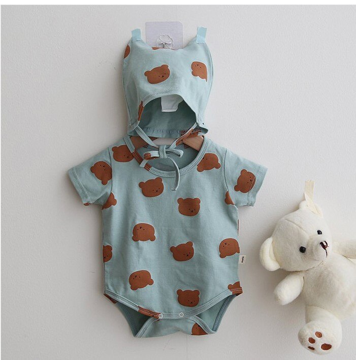 sommer eins Koreanische Baby einstellen Karikatur Tragen Jungen Mädchen Strampler + Hütte 2 stücke Baumwolle freundlicher Kleidung Neugeborenen Karosserie