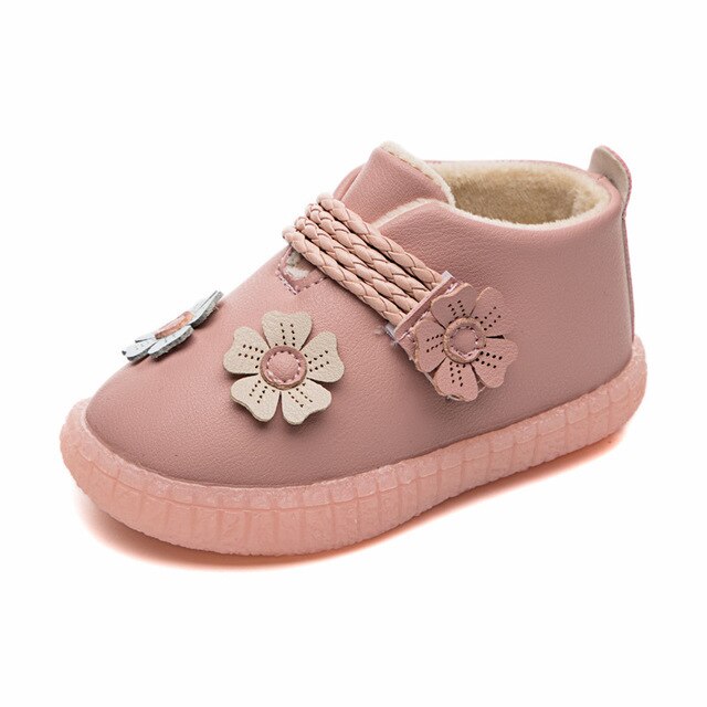 Baby Boots cotton shoes autumn and winter thicken girls princess shoes flowers cute soft bottom garden outdoor toddler shoes: Pink / 7 (Insole 14.5cm)