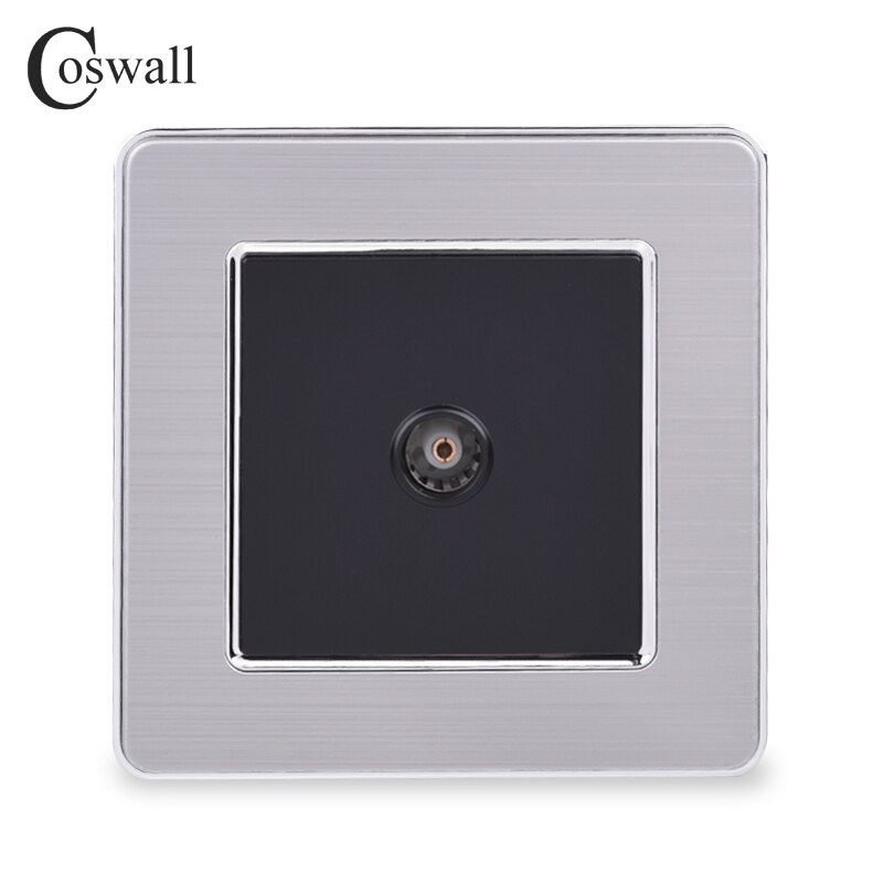 COSWALL 1 Gang Female TV Connector Luxury Wall Socket Outlet Stainless Steel Brushed Silver Frame Panel: Black