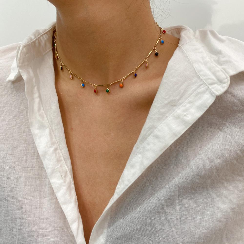 AOMU Autumn Winter Colorful Circle Geometric Splicing Choker Simple Clavicle Necklace for Women Student Jewelry