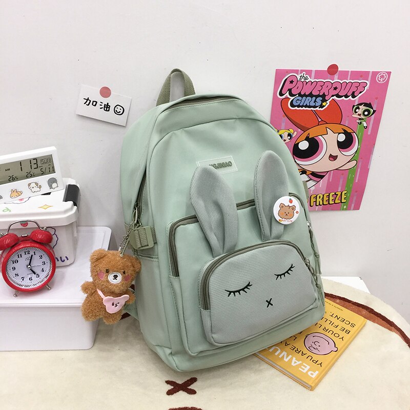 Zaino coniglietto carino da donna 3D zaino da coniglio addormentato impermeabile coreano per zaini animali stile Preppy per studenti adolescenti: green / With-Accessories