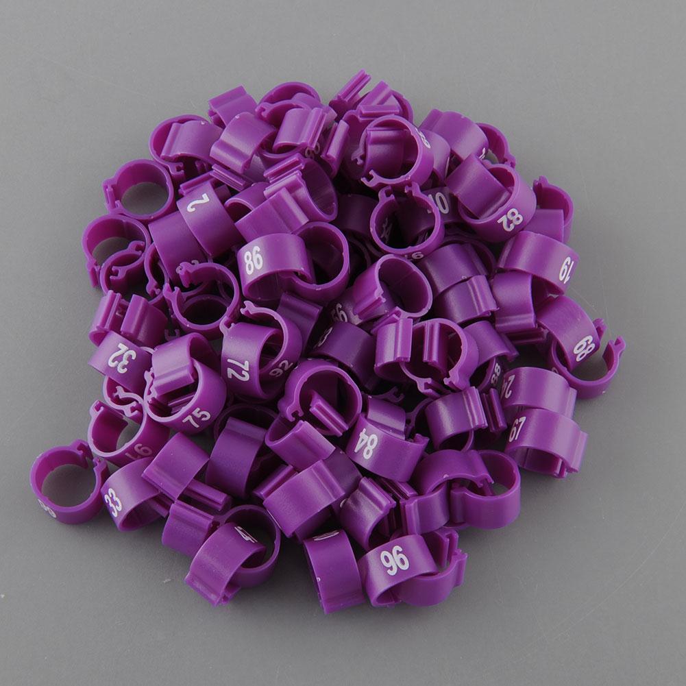 Anillos Clip bandas para las piernas púrpura 100 Uds aves pájaro pato Gadget mascota Suministros 1-100 numerado gallina paloma pollitos mascotas 10,5mm loro: Purple