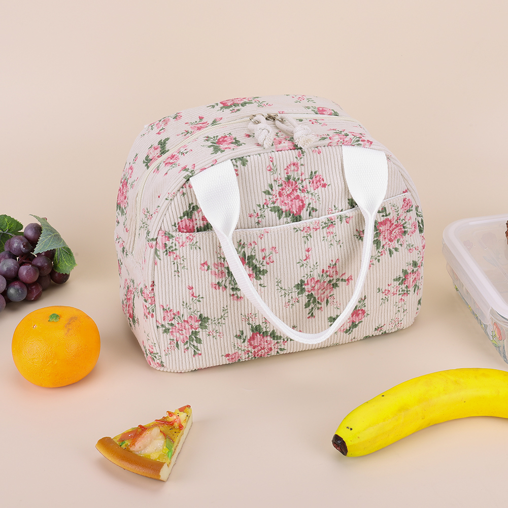 Women Quilted Lunch Bag Large Capacity Hand-Held Cooler Bag Floral Printed Cotton Padded Picnic Bag Travel Picnic Camping Bag: Pink