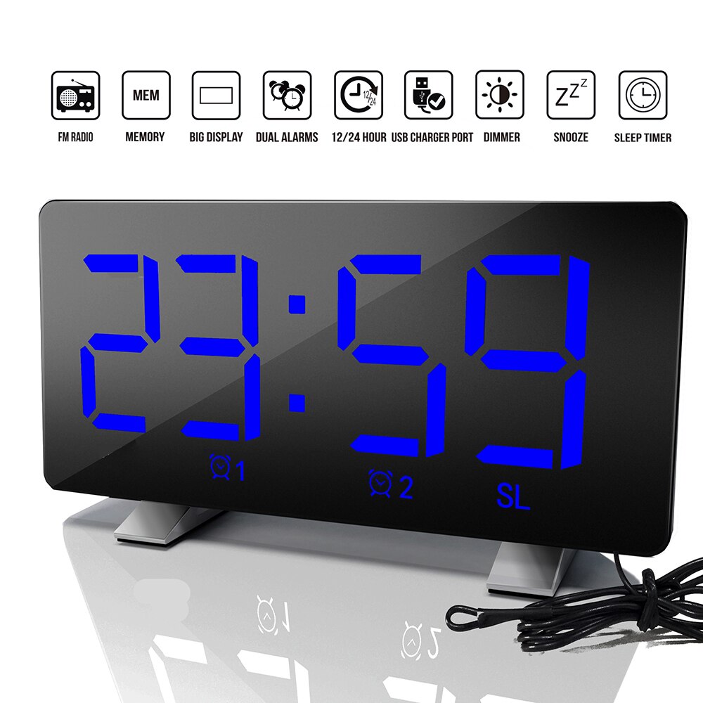 Electronic Alarm Clock Noiseless Digital LED Large Display Mirror Power Off Memory Function AAA Not Batteries Glow Clock: Black