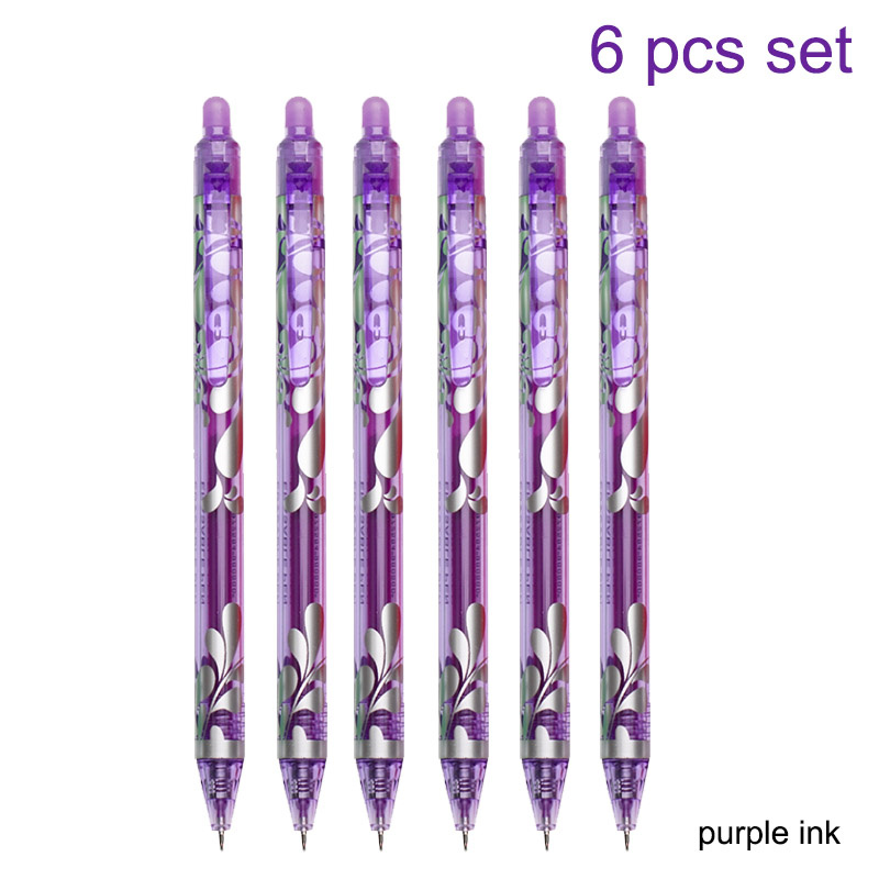 Juego de bolígrafos de Gel borrables de 0,5mm, varilla de repuesto de 6 colores, bolígrafo borrable de tinta mágica, mango lavable, papelería escolar para escritura y oficina, 6 uds.: Morado