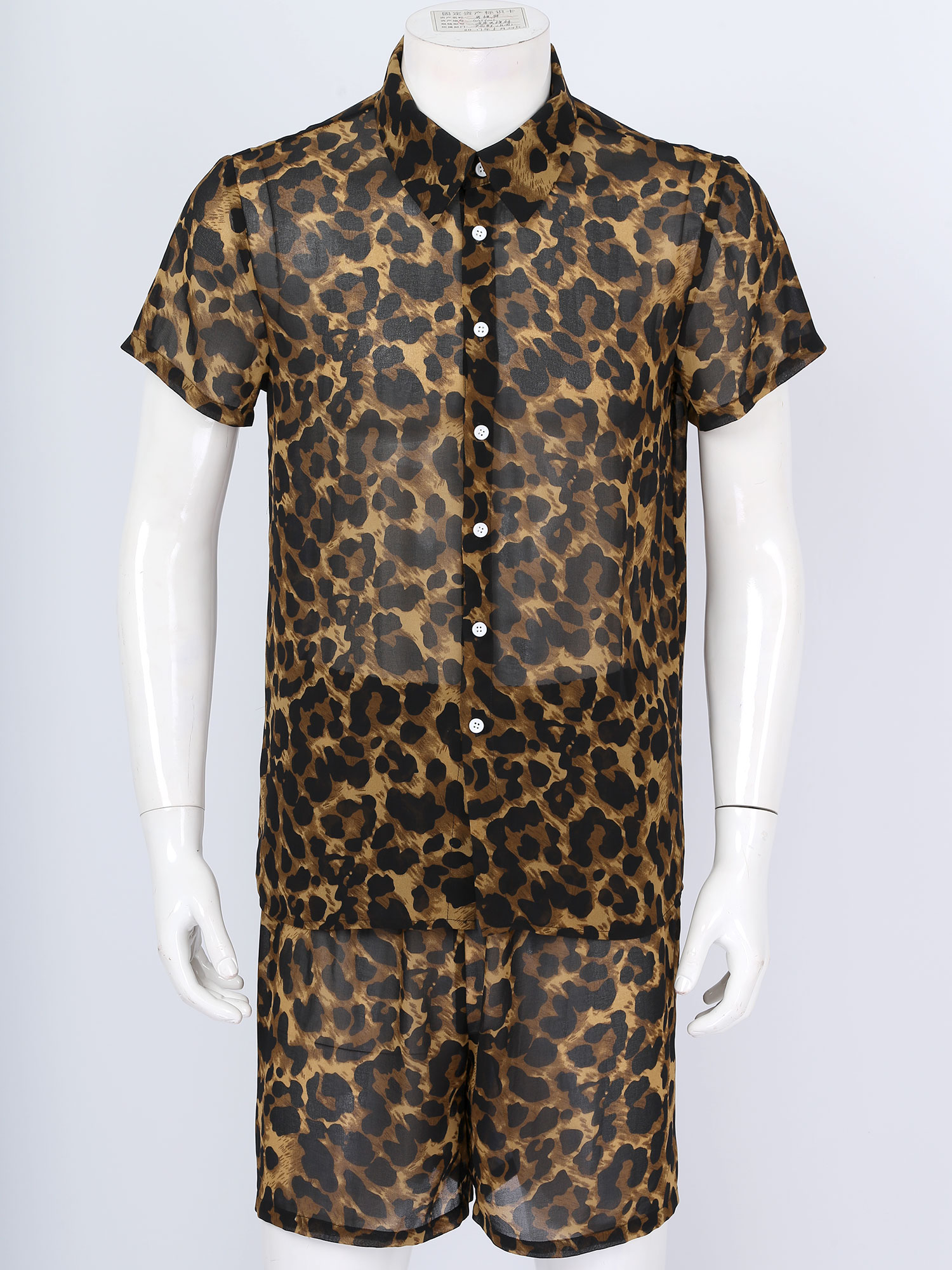 Ensemble pyjama en mousseline de soie pour homme, tenue deux pièces à la , imprimé léopard, Streetwear de plage, col rabattu, chemise avec short