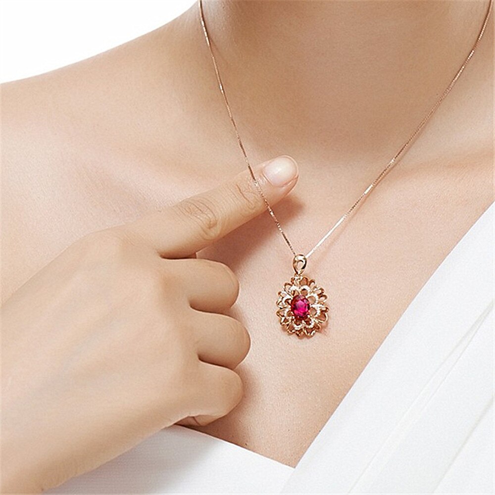 Vintage blume rubin edelsteine rot kristall zirkon diamant anhänger halsketten für frauen rose gold luxus schmuck halsband bijoux