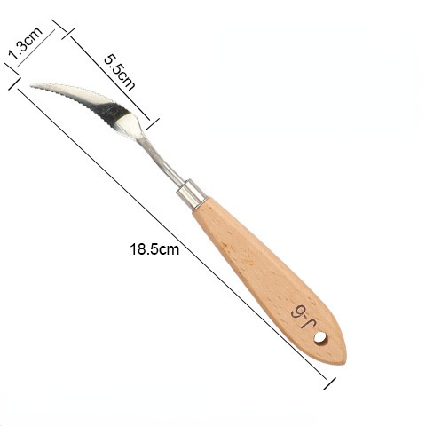 Raspador de arte de forma especial de cerámica de acero inoxidable, cuchillo de paleta de pintura acrílica con mango de madera, herramienta de cerámica con textura de pintura al óleo: J-6