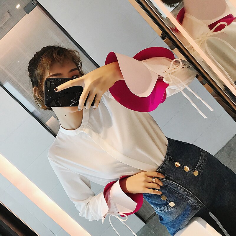 Vgh patchwork blouses voor dames ronde hals flare lange mouwen bandage hit kleur ruches shirts dameskleding herfst