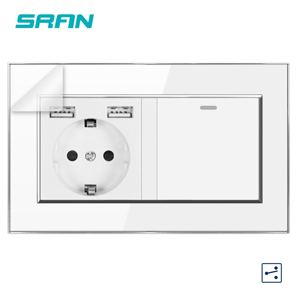 Wall 16A EU Standard Multi Way Power Socket Plug Grounded Electrical Socket with usb outlet 1Gang2Way switch 146 Acrylic panel: White A10