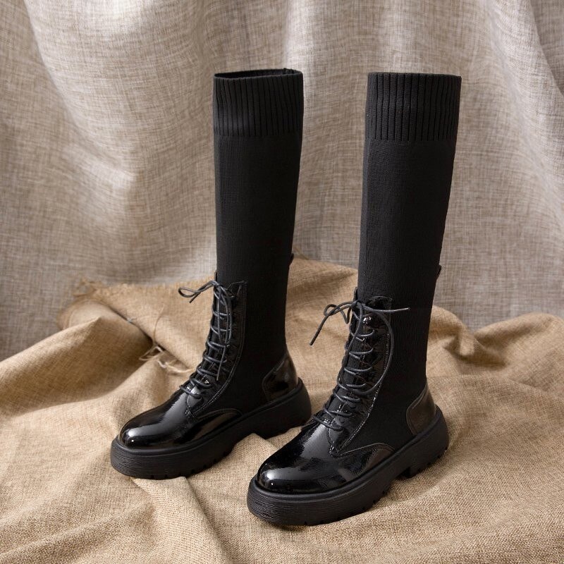 Bottes femme tout-match bas femme bottes Force élastique mince chaussettes et bottes augmenter bottes longues genou-haut croisé-noué
