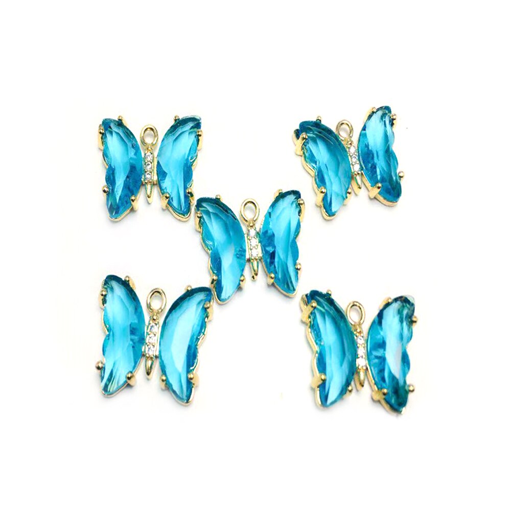 Breloques papillon en laiton, Zircon et verre, 15x20MM 24K, couleur Champagne or, pendentifs, fournitures pour la fabrication de bijoux, résultats de bricolage, 10 pièces: Lake Blue