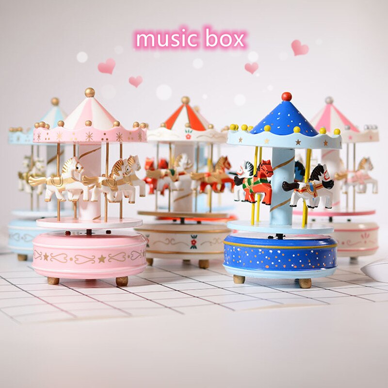 Merry Go Round Music Box Geometric Baby Room Decoration Unisex Wooden Christmas Horse Carousel MusicBox birthday ado