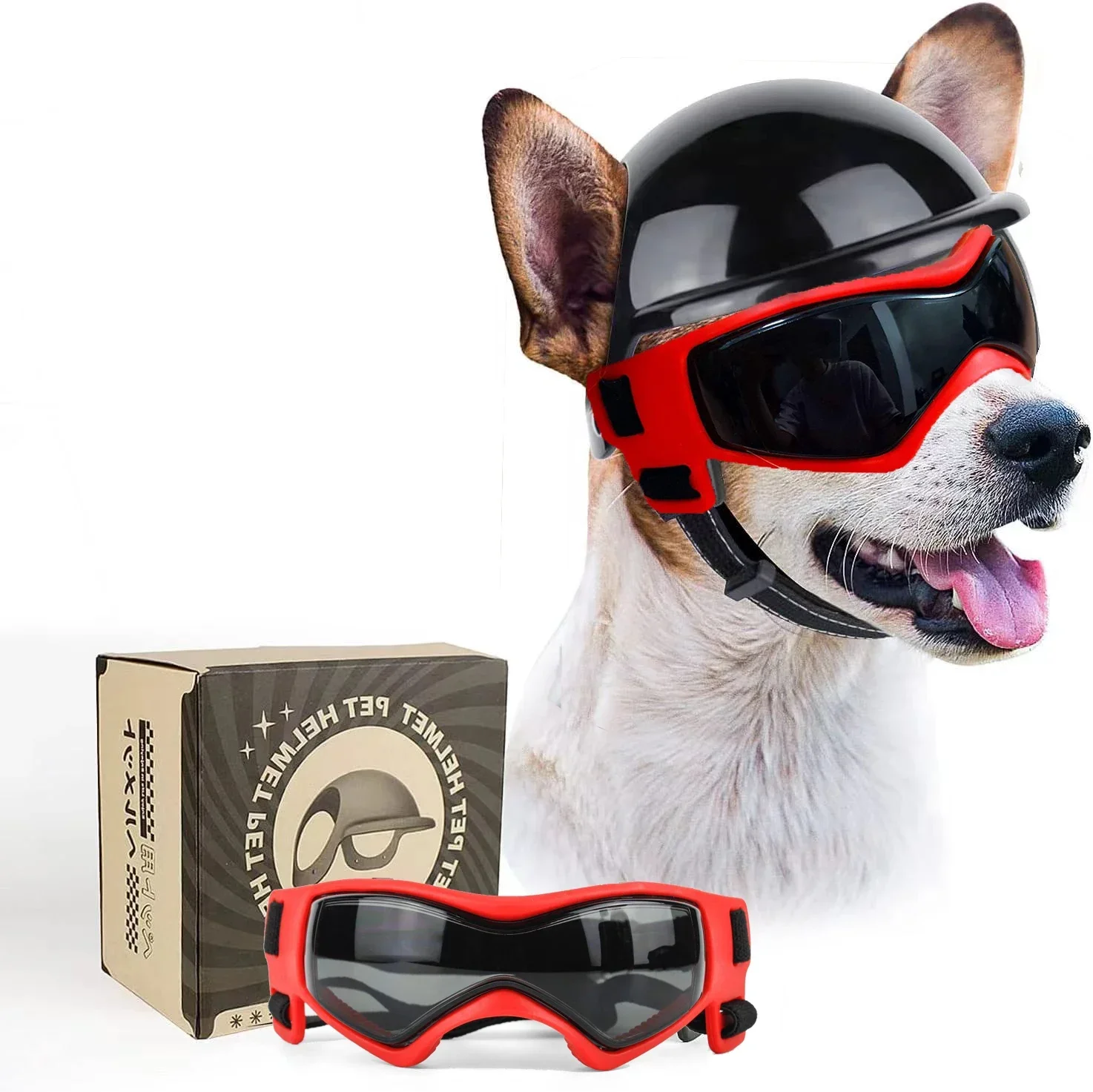 ATUBAN Casco para Perros y Gafas para Perros Pequeños-Casco para Casco de Motocicleta para Mascotas con Agujeros para las Orejas Correas Ajustables para Puppy Montar: M / Rojo