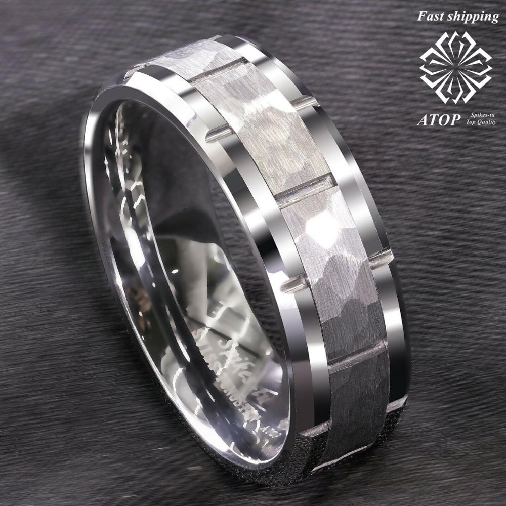 8mm carbure de tungstène martelé motif brossé bague de mariage au sommet des hommes bijoux