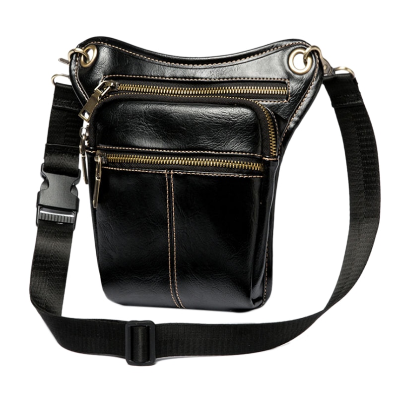 Waist Pack Men Leather Bag Vintage Leg Bag Pack Thigh Belt Travel Male Motorcycle Riding Waist Pouches: Black