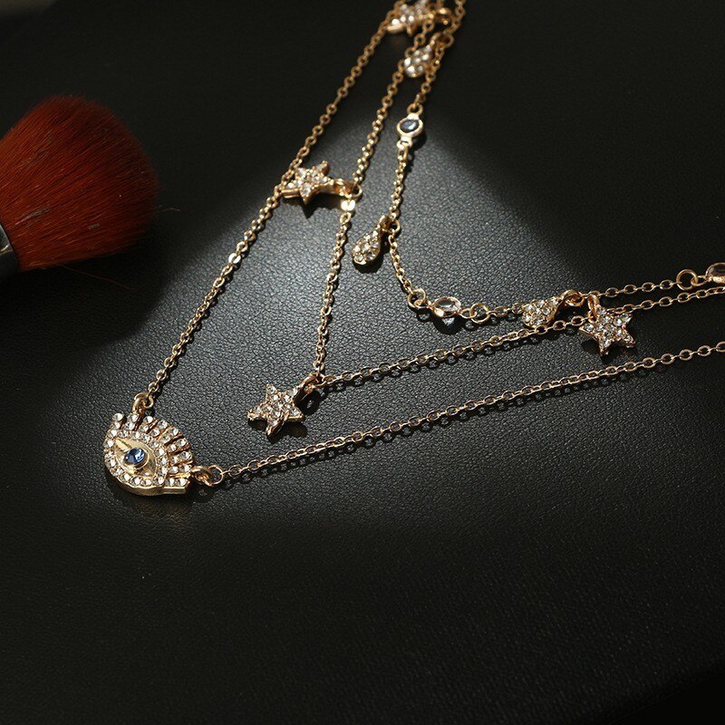 Meyfflin Vintage Star Blue Eye ChainNecklaces for Women Gold Multilayer Crystal Choker Necklace Boho Jewelry Ethnic