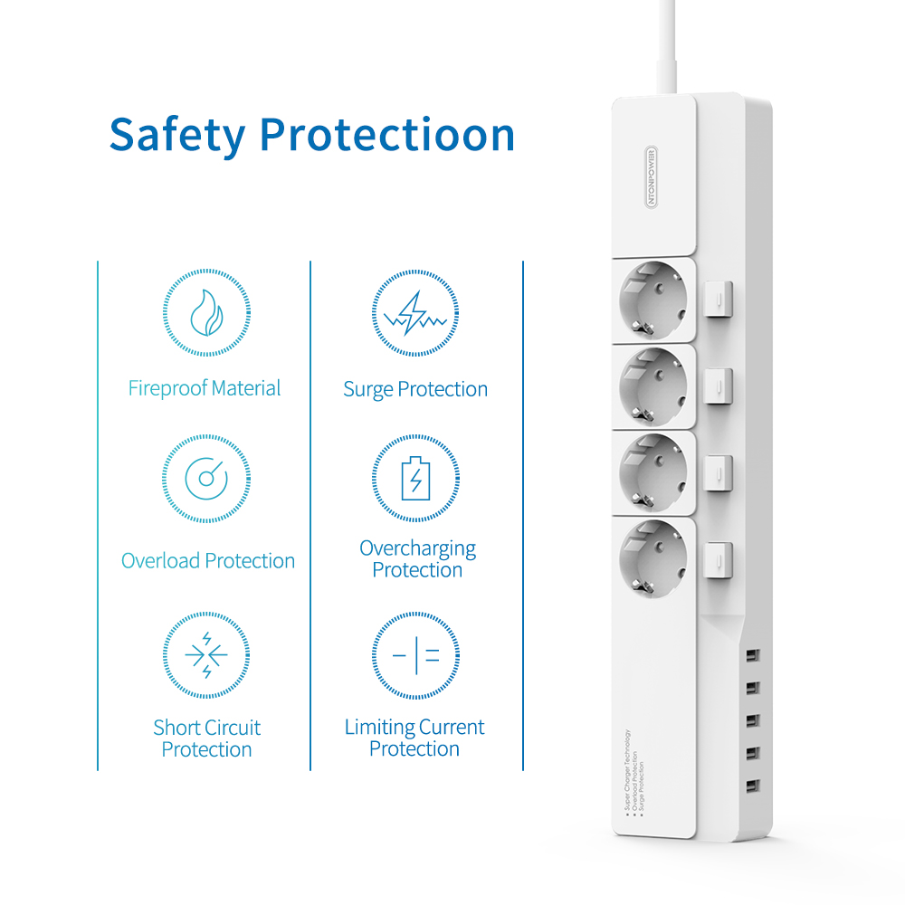 NTONPOWER Power Strip - 4000W 16A - 4 AC Outlets + 5 USB Ports - 1.5m Cable - Surge Protector with Switch