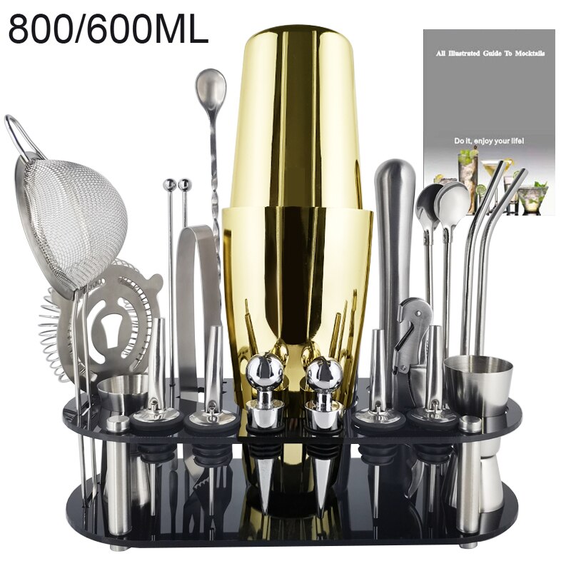 1-22Pcs Boston Cocktail Shaker Bar Gereedschap Wijn Mixer Set Barman Cocktail Shaker Tool Kit Schenker Jigger Warhoofd met Houder: 22G 800600ml Rack