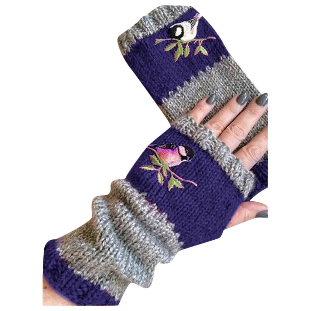 Adult Fingerless Gloves Half Finger Knitted Mittens Winter Bird Print Soft Unisex Gloves Women Wrist Guantes Mittens: Blue
