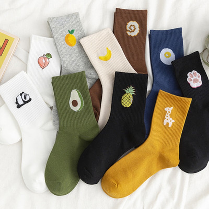 Funny Socks Women Casual Cartoon Fruit Embroidered AVocado Bunching Sock Happy Japanese-Style Harajuku Skateboard Socks