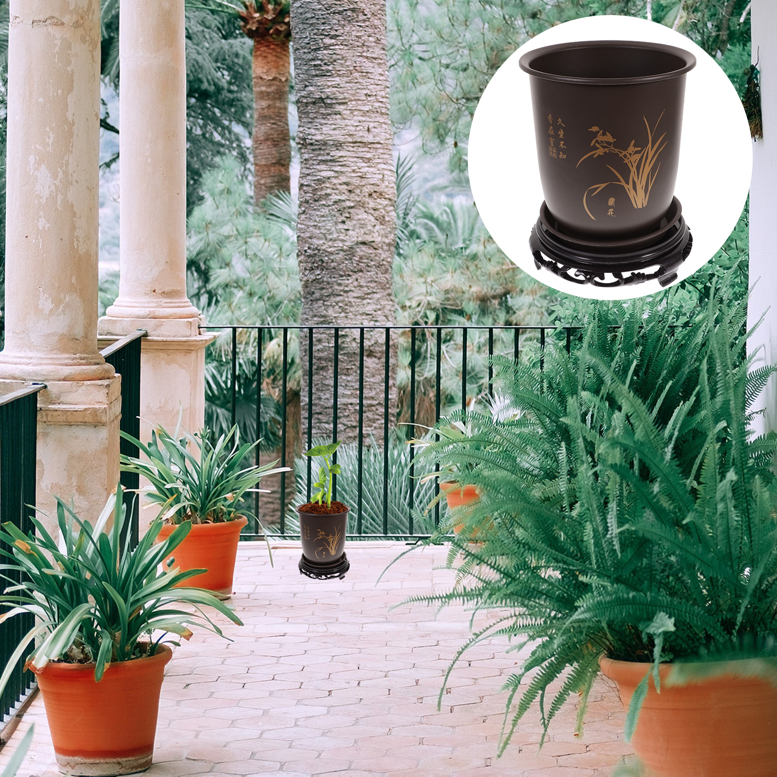 Pot de fleurs en plastique arrondi avec base, conteneur de plantes de jardinage, support de plantation d'orchidées