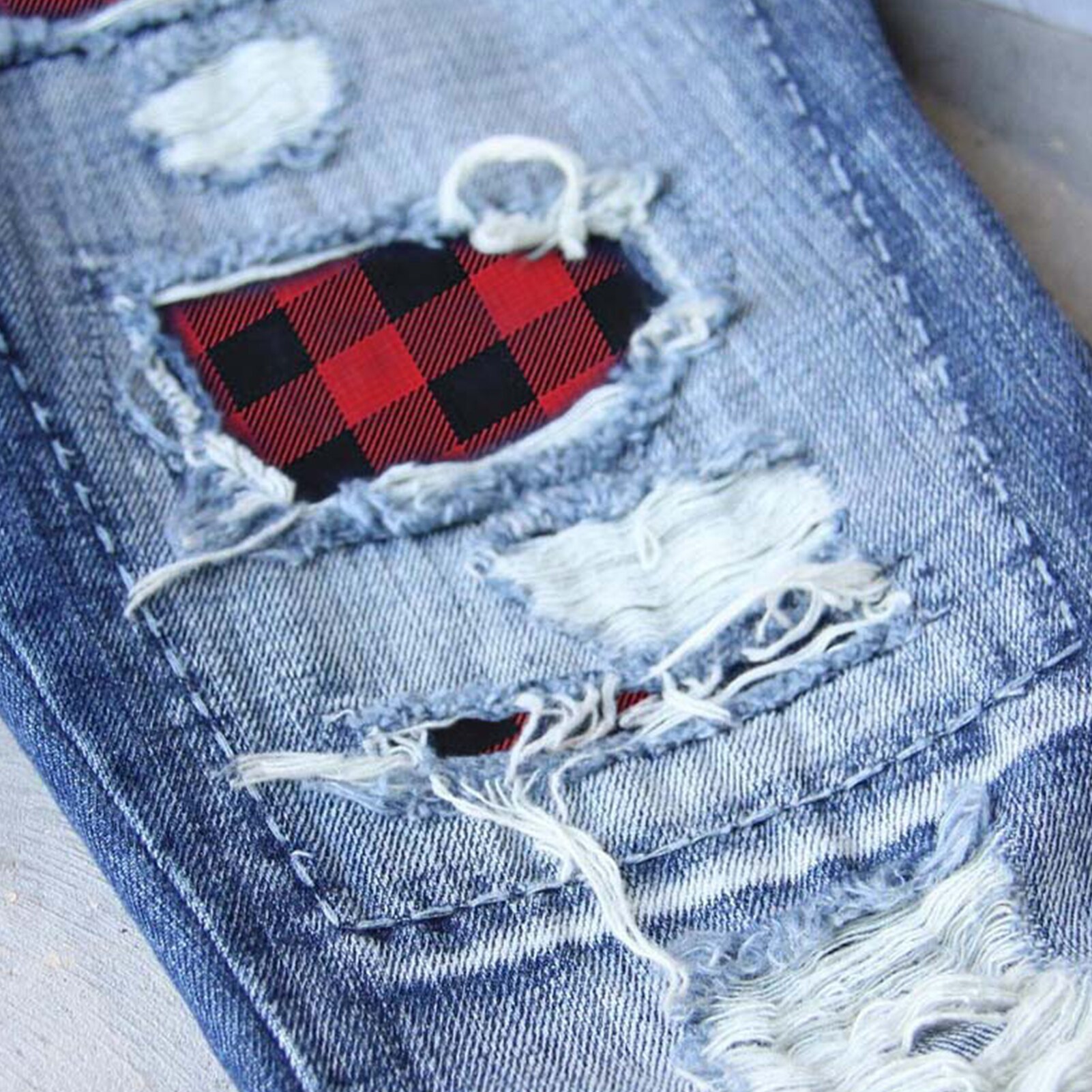 Comfortable Casual Zipper Women Ripped Hole Plaid Patch Patchwork Long Jeans Trousers Pants