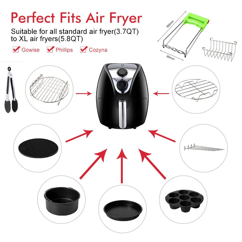 Air Fryer Accessories 8 Inch for Gowise Phillips Cozyna and Secura, Set of 10, Fit all Airfryer electric fryer 5.3QT to 5.8QT