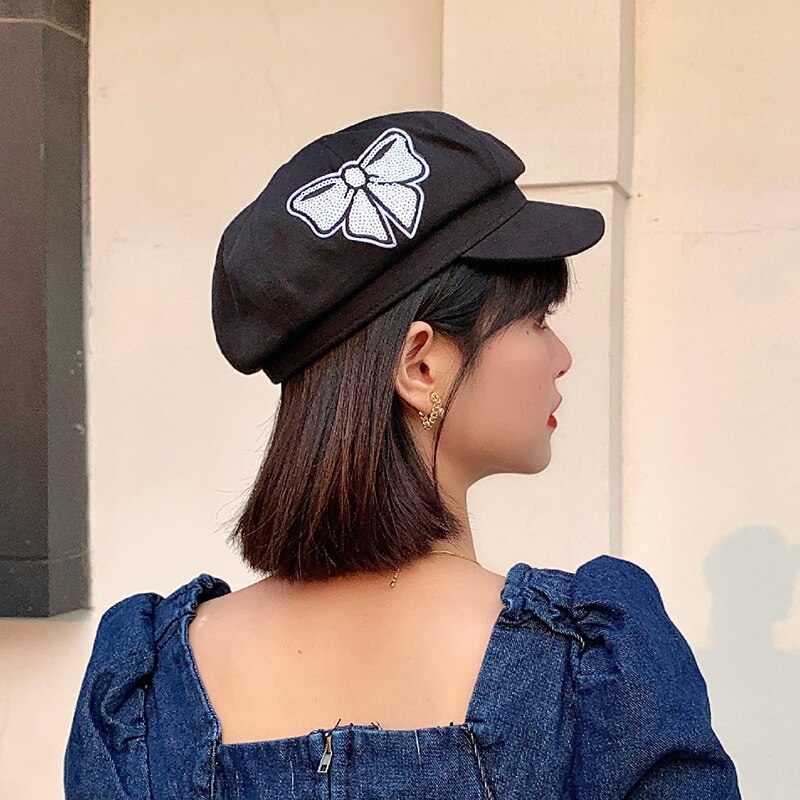 Newsboy Caps For Women Newsboy Sequin Bow Gatsby Cap Octagonal Baker Peaked Beret Female Suncreen Hats Vintage Hat