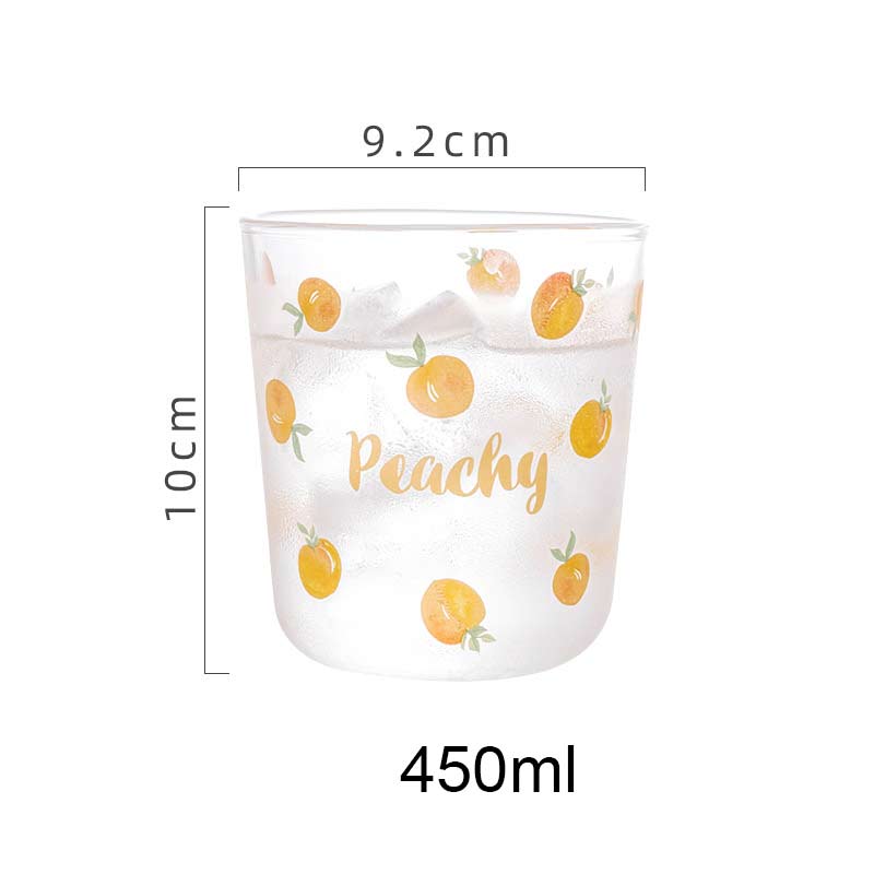 450ml Fruit Printed Glass Cup Transparent Glass Cuffee Mug Flower Tea Juices Milk Cup Breakfast Drinkware Xmas: Yellow Peach