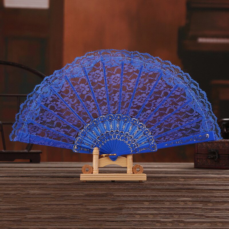 Bloem Patroon Kant Hand Fan Party Bruiloft Prom Hand Fans Folding Dance Fan Vrouwen Meisje Fotografie Prestaties Prop Home Decor: Blue