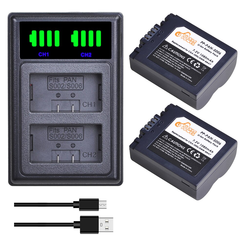 CGA-S006 DMW-BMA7 Battery +LED Daul USB Charger for Panasonic Lumix DMC-FZ7 DMC-FZ8 DMC-FZ18 DMC-FZ28 FZ30 FZ35 FZ38 FZ50 Camera: Charger and 2Battery