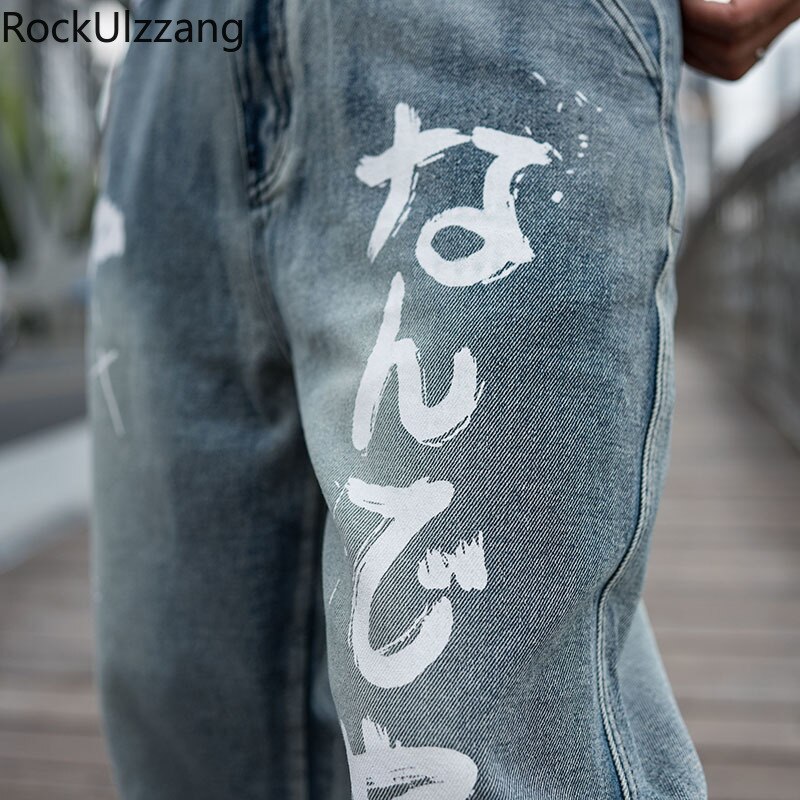 Japanese Men Hip Hop Clothing Plus Size Streetwear Denim Pant Jeans Letter Graffiti Print Baggy Loose Straight Clothing