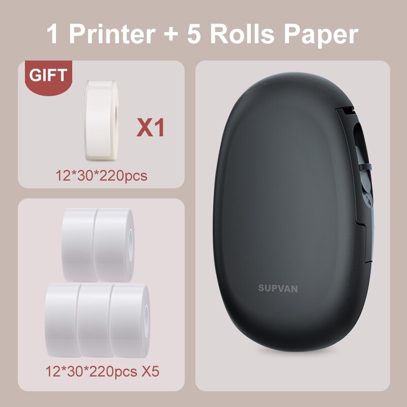 Supvan E10 Black Labeler with Paper Bluetooth Thermal Printer Labeling Machine Mini Sticker Printers Wireless Smart Label Maker: E10Black12