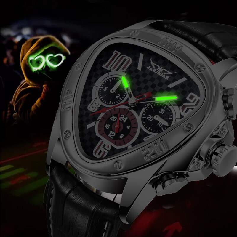 Jaragar-reloj mecánico automático para hombre, cronógrafo con correa de cuero, esfera triangular única, deportivo, Masculino