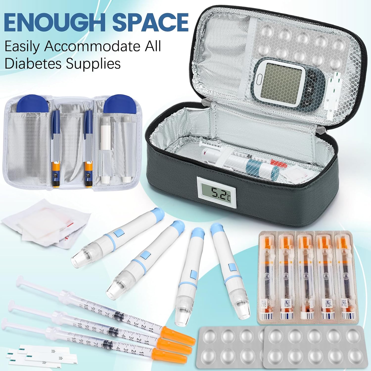 Praktische Insulin-Kühlbox für Medikamente, der einen kleinen Kühlschrank mit 2 Eisbeuteln empfängt und eine LED-Temperaturanzeige