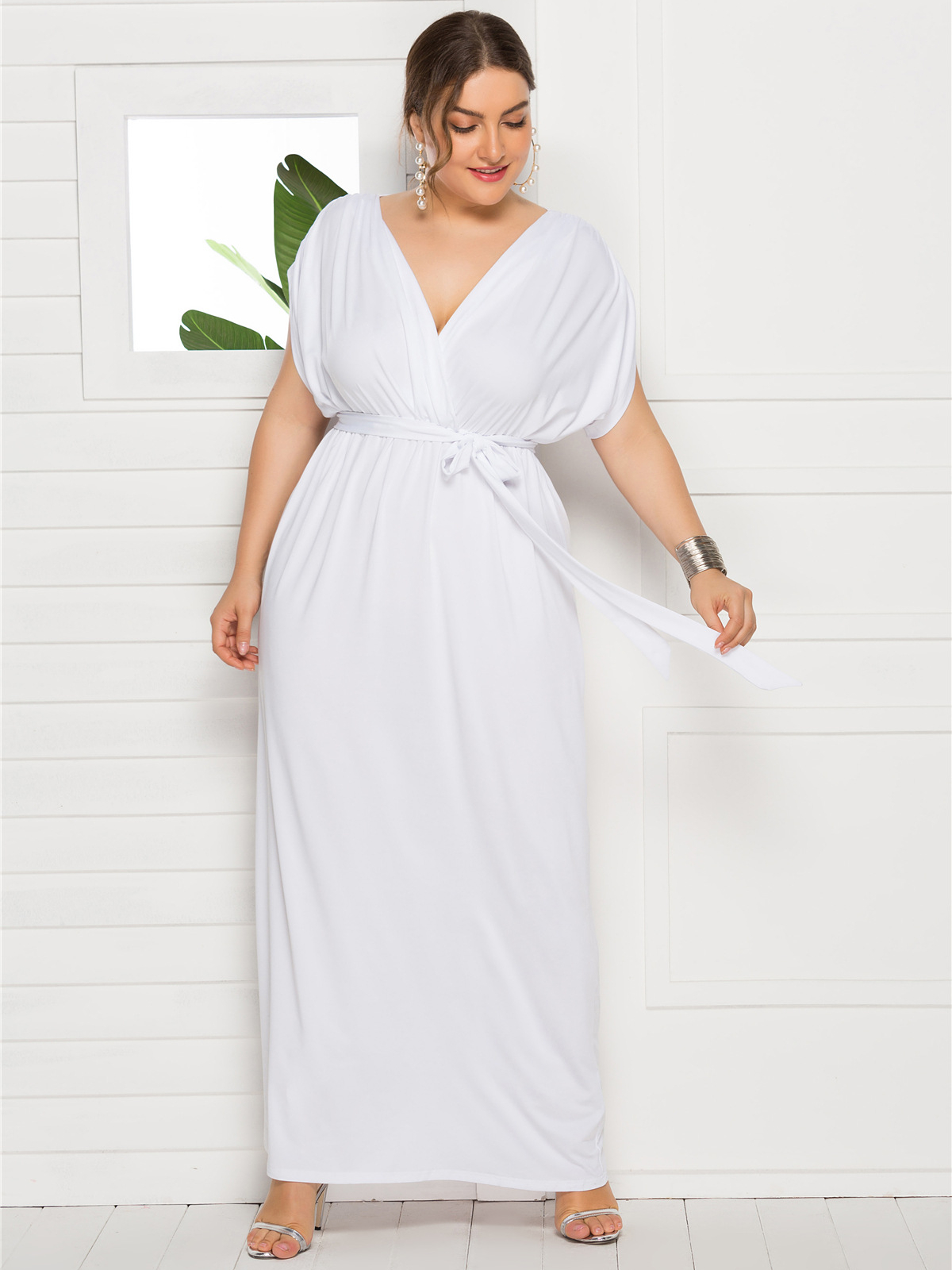 Vestido largo de talla grande para mujer, prenda de manga corta con cuello en V, holgado, informal, talla grande 4XL, 2023: XL / Blanco
