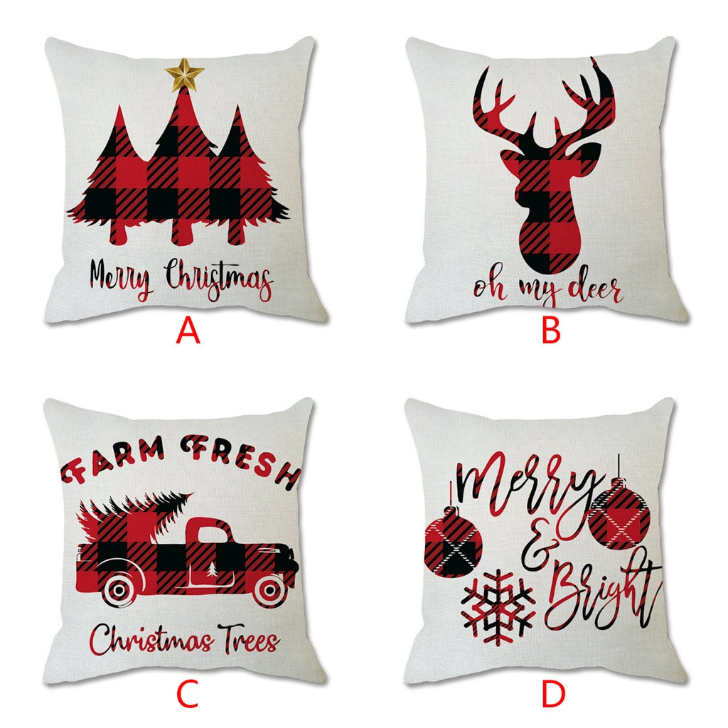 1 ud. Navidad dibujo de cuadros rojo ciervo árbol de Navidad cojín de decoración de sofá algodón Lino funda de almohada cojín hogar sala de estar