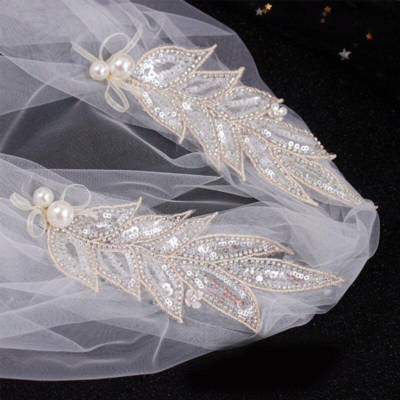 Women Lace Pearls Short Wedding Veil Cathedral Ivory Bridal Headdress Bride Marriage Accessory