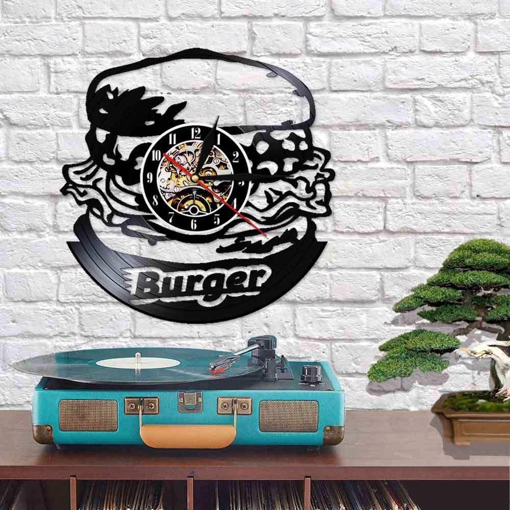 Decoración de Pared para el hogar, Reloj de hamburguesa con disco de vinilo, cocina, con luz, de comida rápida, con lámpara Led de moderno