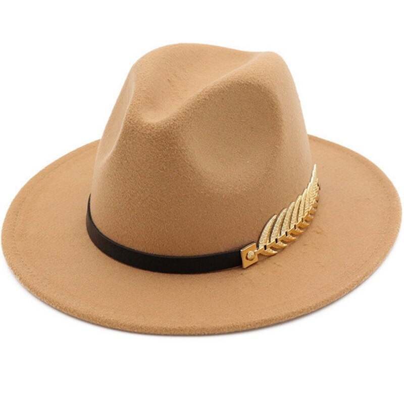 Sombrero de lana de estilo británico para hombre y mujer, gorro de lana de estilo británico, con plumas de hoja dorada, de fieltro de ala grande, Unisex: CL