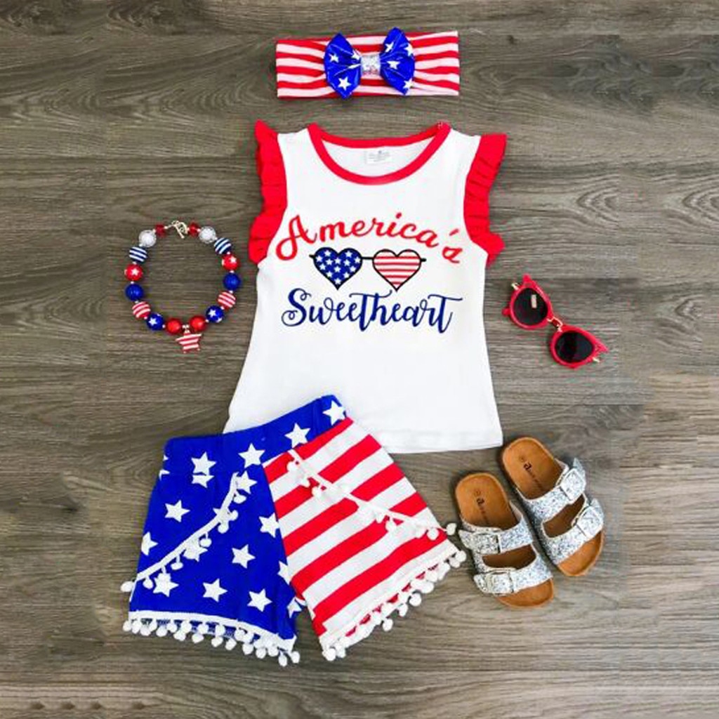 Boutique Girls Clothing Set American Patriotic Striped Cotton Outfits Toddler Kids Clothing 4th of July Girls Baby Clothing Set